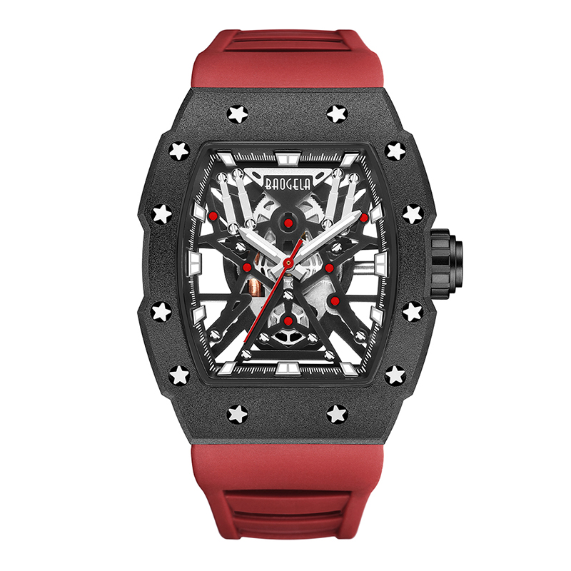 Baogela Top Brand κυρίαρχη Tonneau Mechanical Industrial Style Skeleton Luminous αδιάβροχο αθλητικά ρολόγια χάλυβα ρολόι σιλικόνης 4147