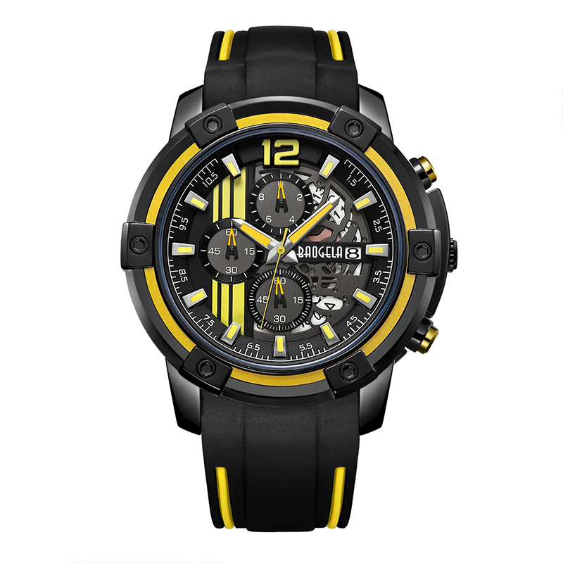 Baogel Men \\\\ Black Silicone Strap Quartz ρολόγια Χρονογραφία αθλητικών ρολογιών για το Man 3ATM Αδιάβροχη φωτεινά χέρια κίτρινα 22701